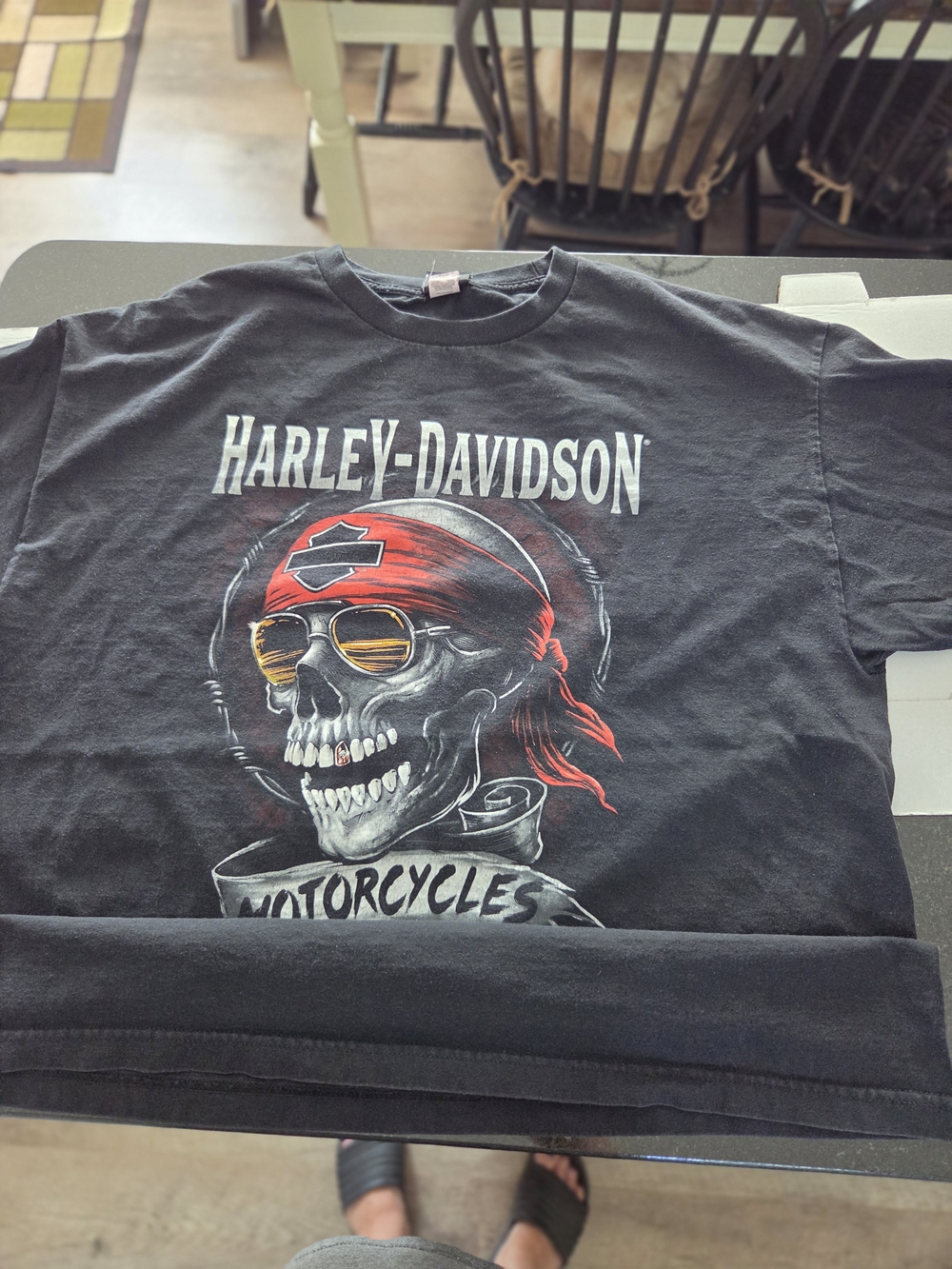 Harley-Davidson Black Tee with Red Skull Bandana and Yellow Sunglasses